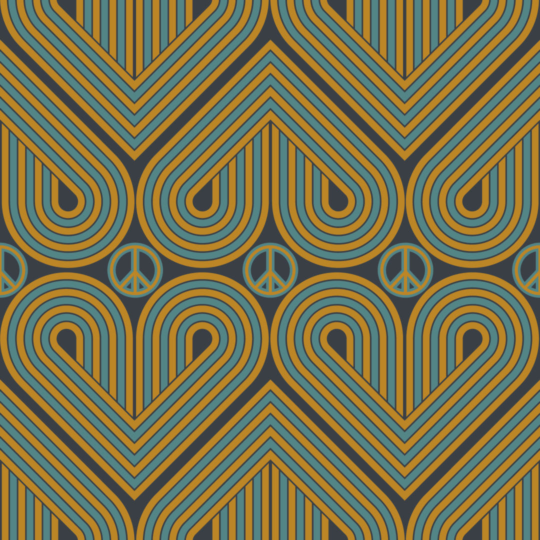 Peace and Love Wallpaper in Mustard and Teal on Silent Cave