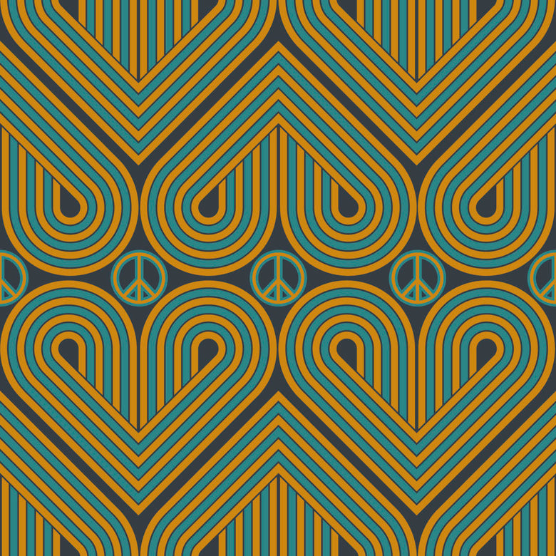 Peace and Love Wallpaper in Mustard and Teal on Silent Cave