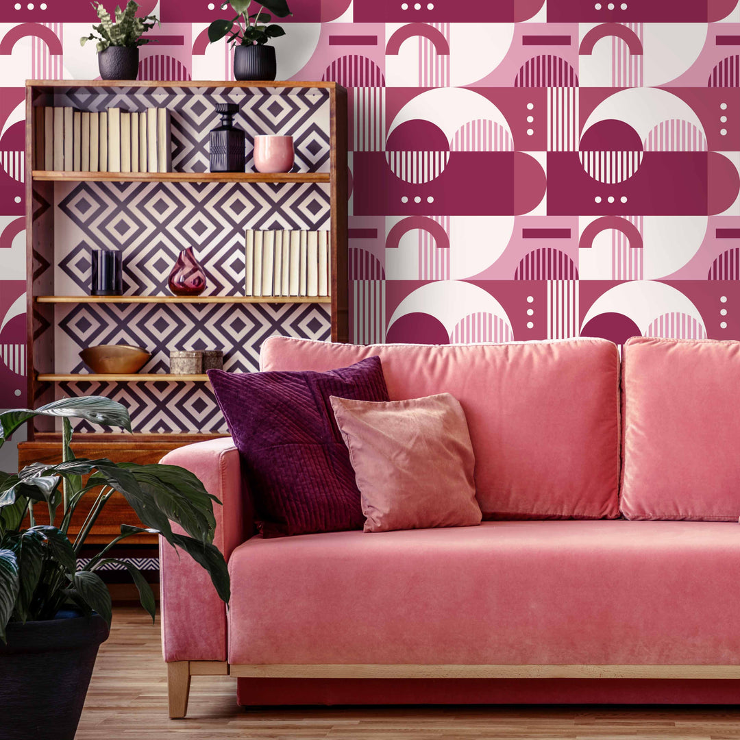 Living Room with Pink Retro Wallpaper