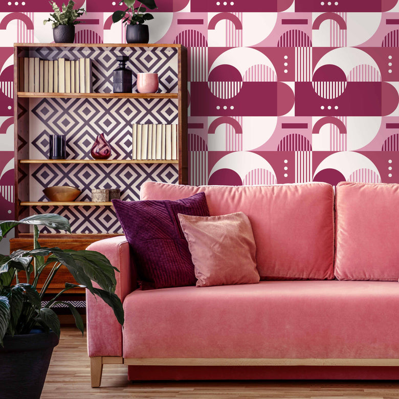 Living Room with Pink Retro Wallpaper