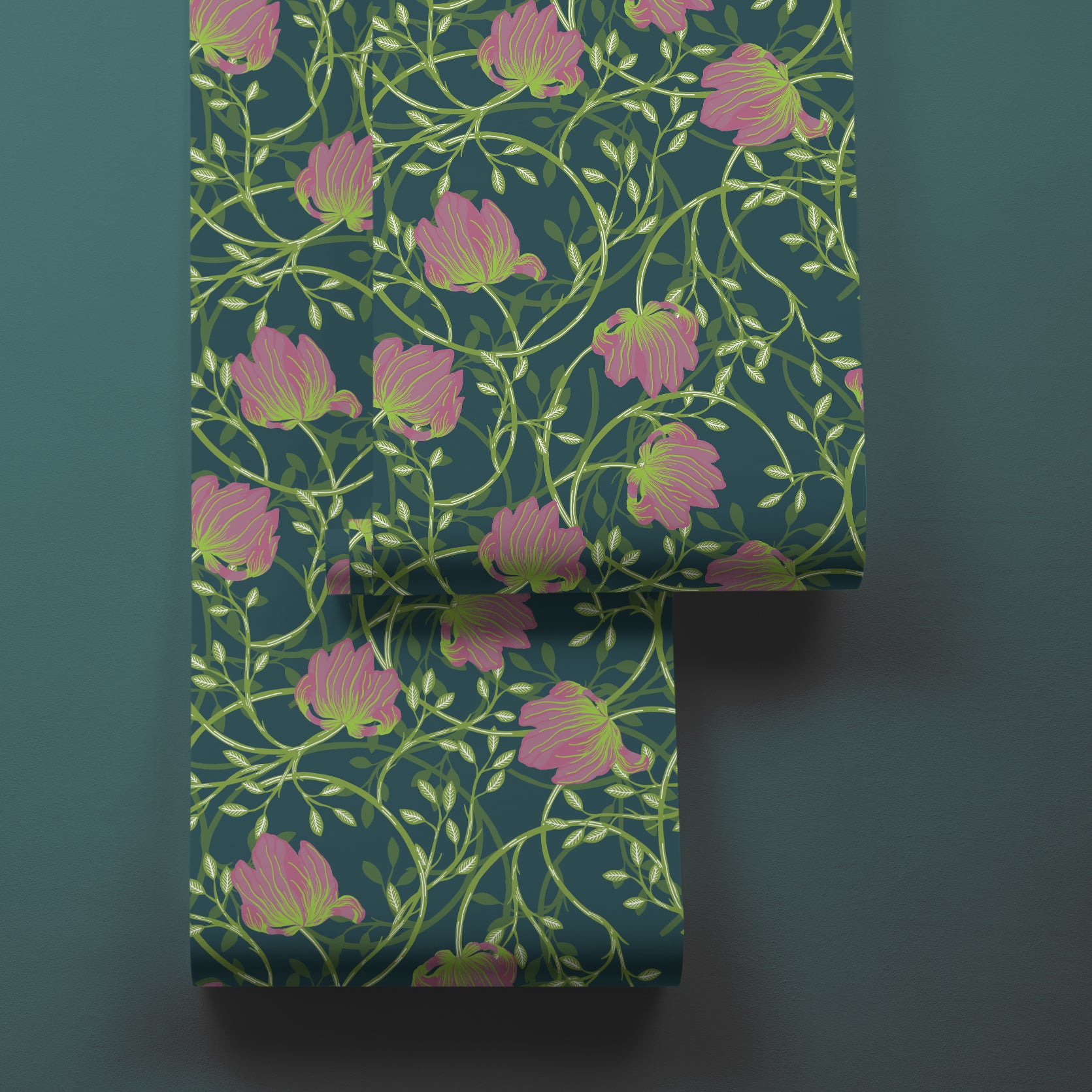 Honolulu Wallpaper in Dusty Pink, Teal and Indigo