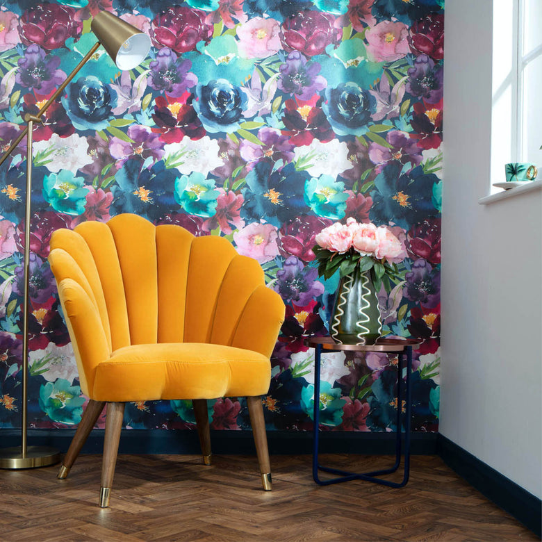 Once and Floral Wallpaper in Navy, Teal, Burgundy and Mauve