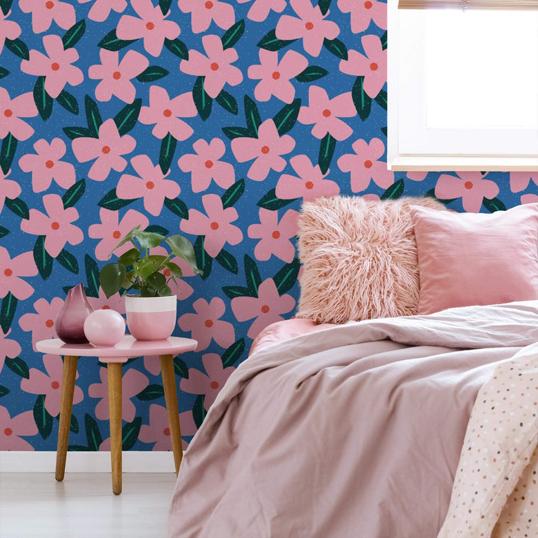 Pink Bedding with Bright Floral Wallpaper