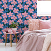 Pink Bedding with Bright Floral Wallpaper
