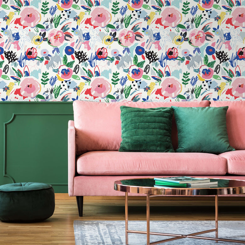 Pink Sofa with Floral Wallpaper