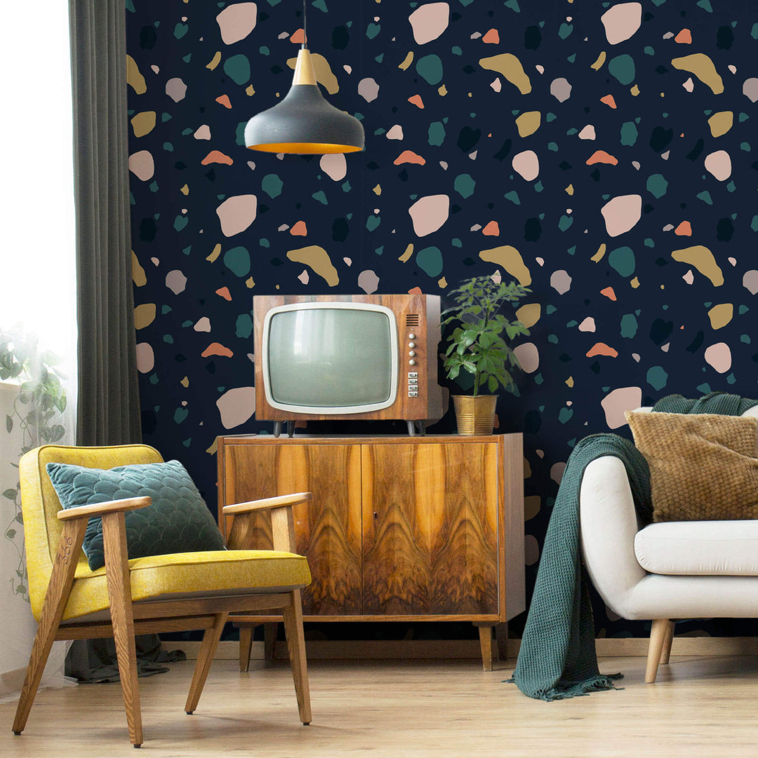 Navy Terrazzo Effect Wallpaper