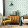 Retro Living Room with Green Geometric Wallpaper