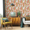 Retro Bauhaus-Style Living Room Wallpaper in Coral Blush and Mustards