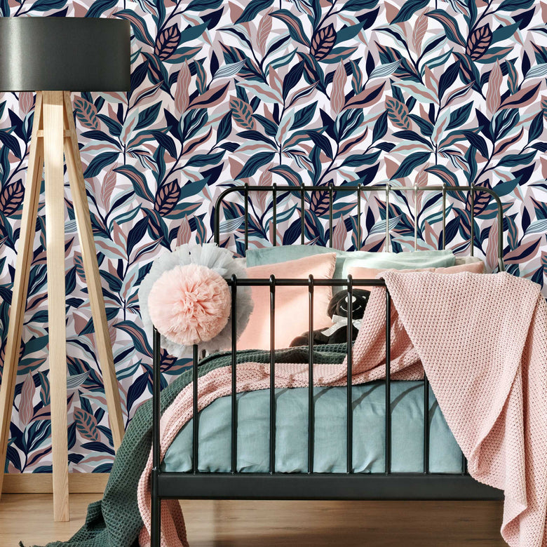 Bedroom with Leaf Wallpaper