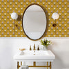 Bathroom Sink and Mirror with Mustard Floral Wallpaper
