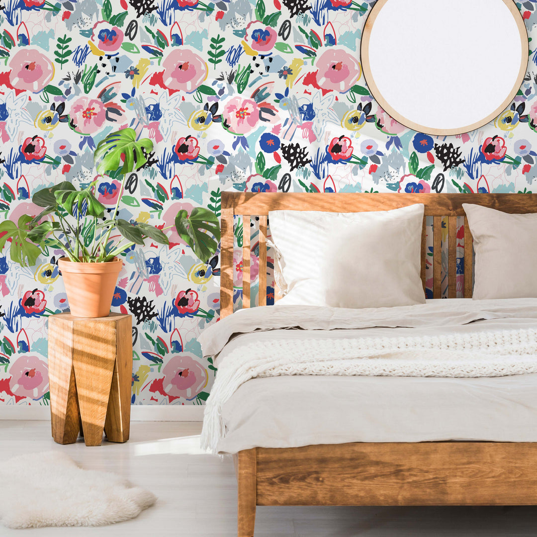 Bedroom with Hand Drawn Wallpaper Print