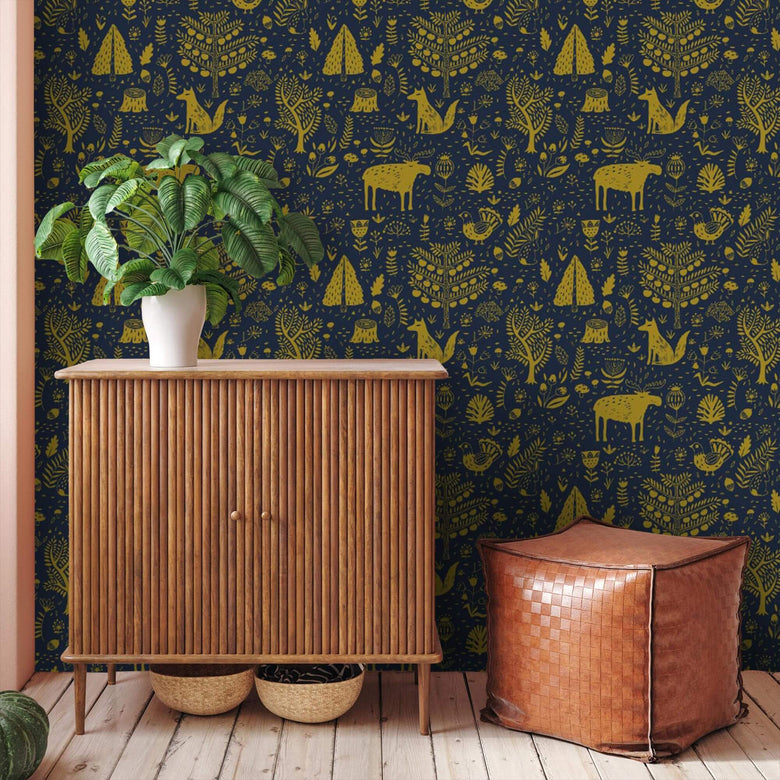 Navy and Mustard Woodland Wallpaper